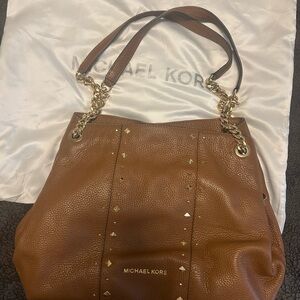 Michael Kors Brown Pebbled Leather Studded Shoulder Bag with Gold Hardware